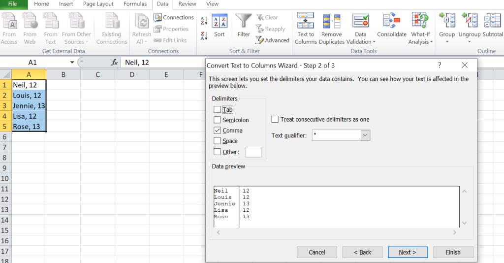 Jak podzielić komórki Excela za pomocą ogranicznika