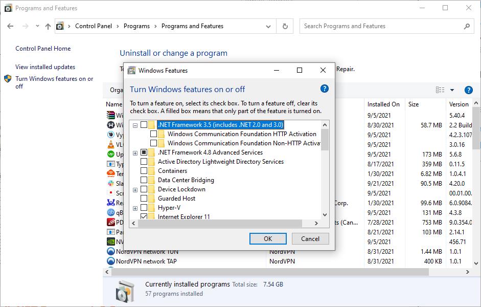 Comment installer .NET Framework version 3.5 sur Windows 10