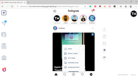 INSSIST Chrome 확장 프로그램: Chrome 브라우저에서 Instagram으로 동영상 업로드